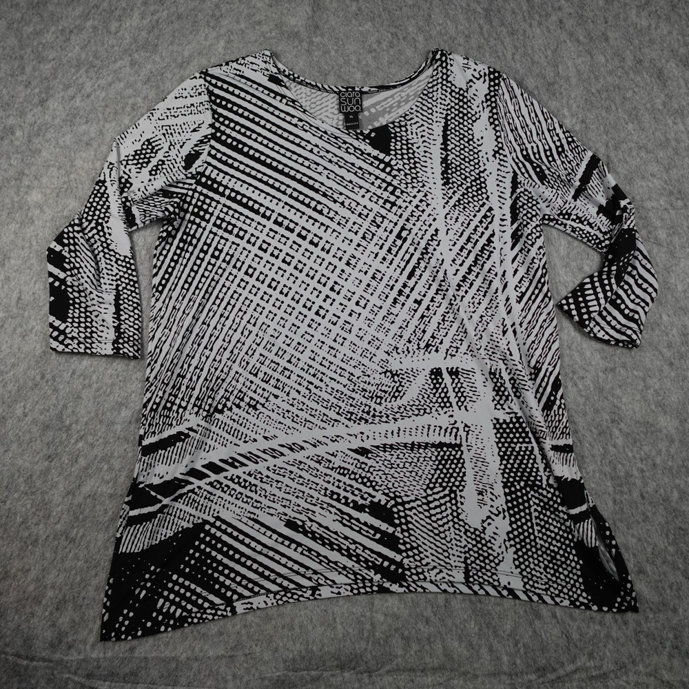 Clara Sun Woo Top Women Extra Large Black White Abstract Print 3/4 Sleeve Tunic